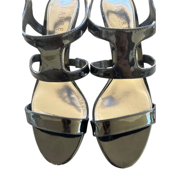 Ralph Lauren Jacquelle Size 8 Strappy Black Patent Leather Heels Shoes Buckle - Picture 6 of 11